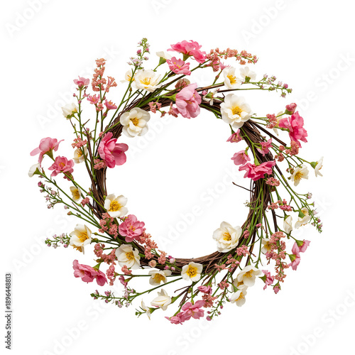 Wreath Made of Twigs and Flowers for Decoration on a White Background