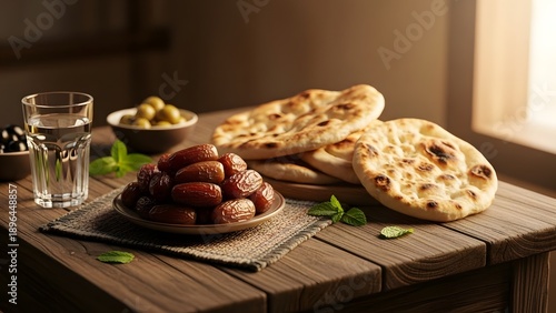 Healthy breakfast setting with dates olives and flatbread on rustic wood