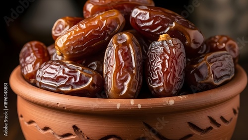 Macro view of pile of sweet dried dates in clay bowl