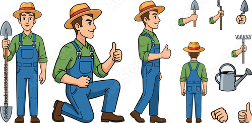 Farmer and Gardener Worker Holding Garden Tool Near Tree. Agricultural Character Constructor for Animation with Front, Side and Back Views, Body Poses. Vector Illustration