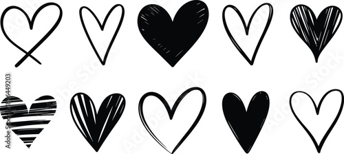 Assortment of hand-drawn heart symbols in black and white showcasing different artistic styles and fill variations for love and affection