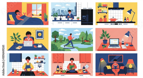 People engaging in various daily activities at home and outdoors in a modern setting