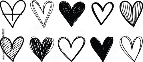 Collection of hand-drawn heart shapes in black and white with varying line styles and fill patterns representing love and emotion