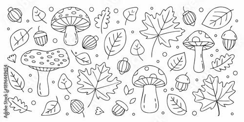 A whimsical black and white illustration of mushrooms leaves and acorns