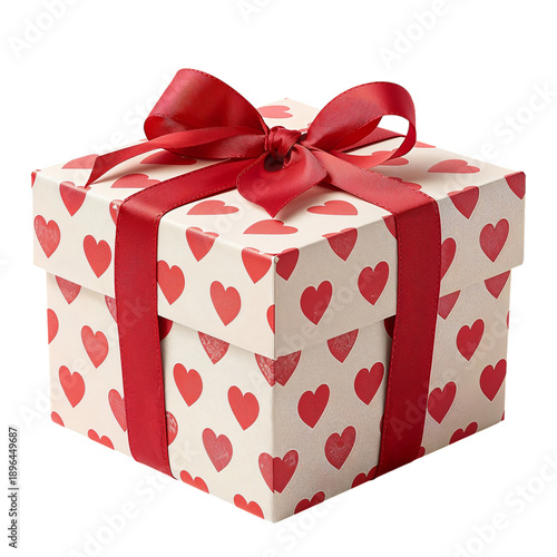 Gift Box Wrapped in Heart-Patterned Paper With a Red Ribbon on Top Placed on ...