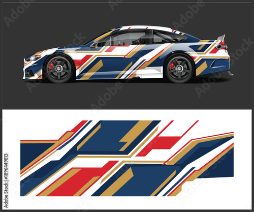 Colorful sports car with abstract racing stripe design and sample decal
