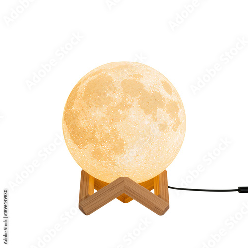 Moon Lamp Sitting on a Wooden Base Illuminating a Dark Room at Night