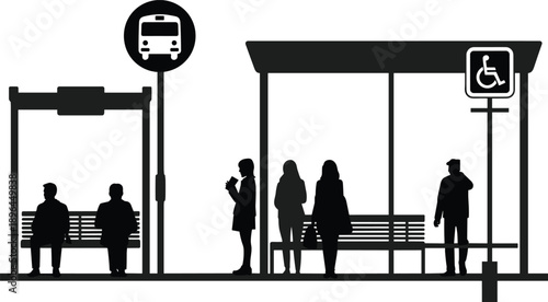 Bus Stop Silhouette with Waiting Passengers, Public Transport Shelter, Accessible City Transit Illustration, Urban Transportation Clipart Isolated for Mobility and Infrastructure Design