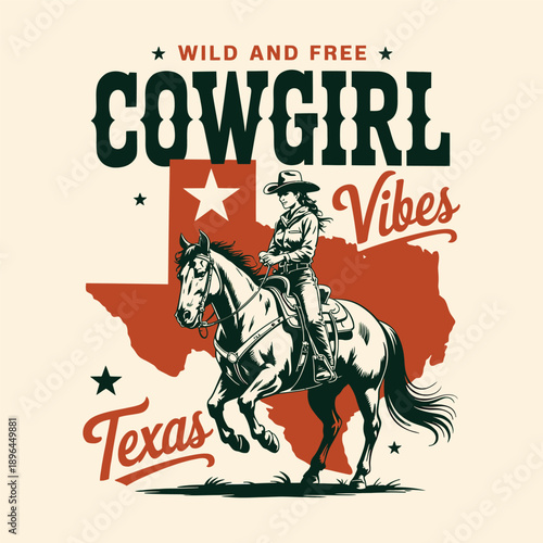 Cowgirl Riding Horse over Texas Map Wild and Free Vibes Design