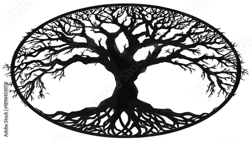 Artistic silhouette illustration depicts a tree within an oval frame, showcasing roots and branches in detail