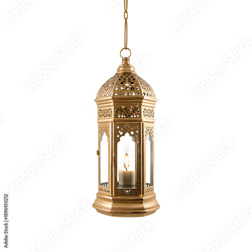 Hanging Lantern With Candle Lit Inside in a Dim Setting at Night
