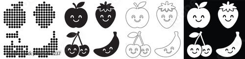 Collection of cute, smiling fruits in various styles, perfect for playful designs.