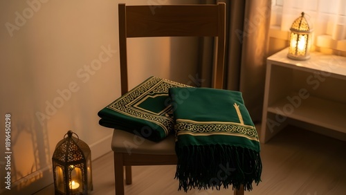 Islamic prayer rugs and prayer shawl with fringed edge on chair, glowing lantern on bedside table