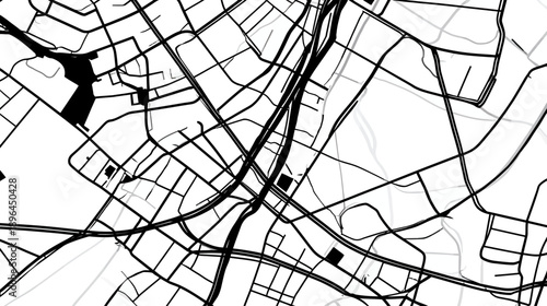 A black and white abstract map, featuring intersecting lines representing roads and waterways