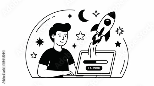 Man Launching Rocket From Laptop Screen Amid Stars and Moon in Cartoon Illustration