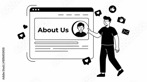 Illustrated Man Pointing at Browser AboutUs Page with Profile Illustration Pointer Icon in White Background