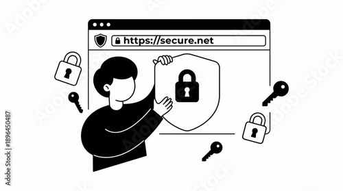 Illustration of a Person Interacting with Browser Padlock and Keys, Displaying Online Security in a Digital Environment from a Side View