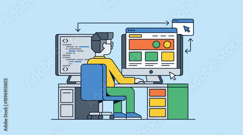 Cartoon Man Coding at Desk with Dual Monitors, Green Filing Cabinet, Blue Chair in Light Blue Background
