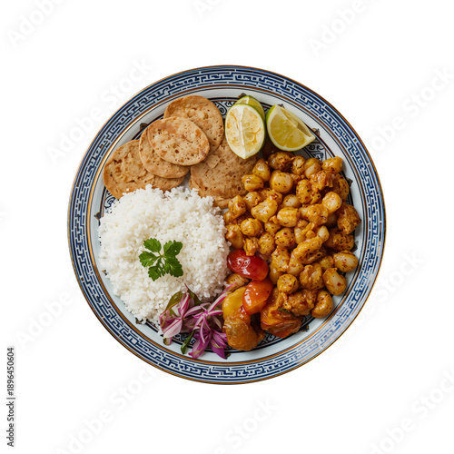 Delicious Meal With Rice, Vegetables, Lime, and Crackers Served on a Blue Plate