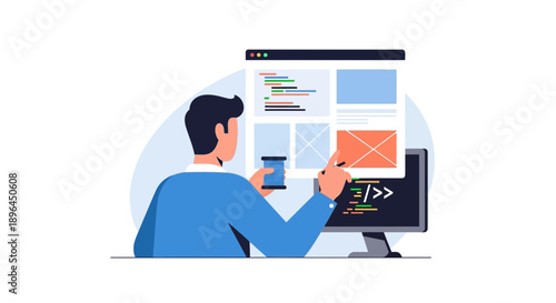 Cartoon man working at computer, holding blue cup, interacting with screen showing red envelope icon, illustrated in white background