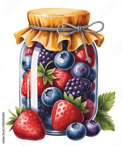 Hand Painted Watercolor Berry Jam Jar with Strawberries and Blueberries