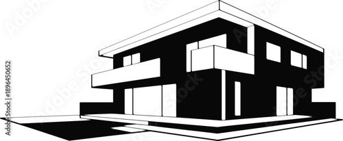 Modern Luxury House Silhouette with Balcony and Large Windows, Contemporary Residential Architecture Illustration, Black Home Exterior Clipart Isolated for Real Estate and Design