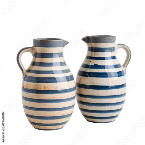 Ceramic Pitchers With Blue and White Stripes on a Plain Background