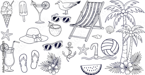 beach icons, summer items, tropical drinks, ice cream, sunglasses, beach chair, palm trees, seashells, starfish, flip-flops, watermelon, volleyball, beach umbrella, anchor, hibiscus flowers