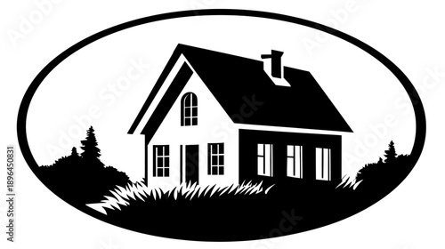 A monochrome illustration of a house with a chimney, windows, grass, and trees inside an oval