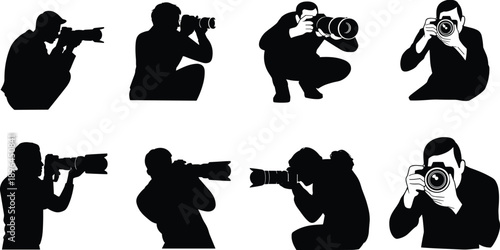 Photographer Silhouettes Collection with Professional Camera Poses, Photography People Illustration Set, Paparazzi and Photojournalist Clipart for Media, Press, and Creative Design