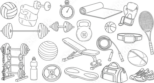 fitness equipment, gym icons, sports gear, dumbbell, barbell, treadmill, boxing glove, yoga mat, smartwatch