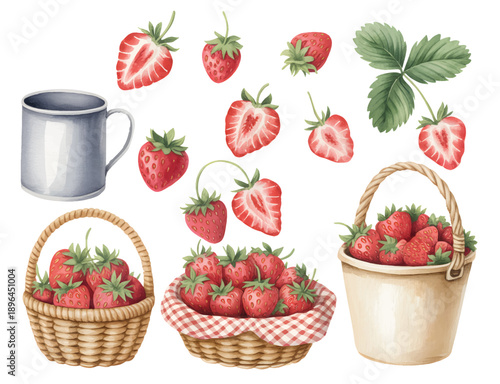 Rustic strawberry elements painted in gentle pastel watercolor tones.