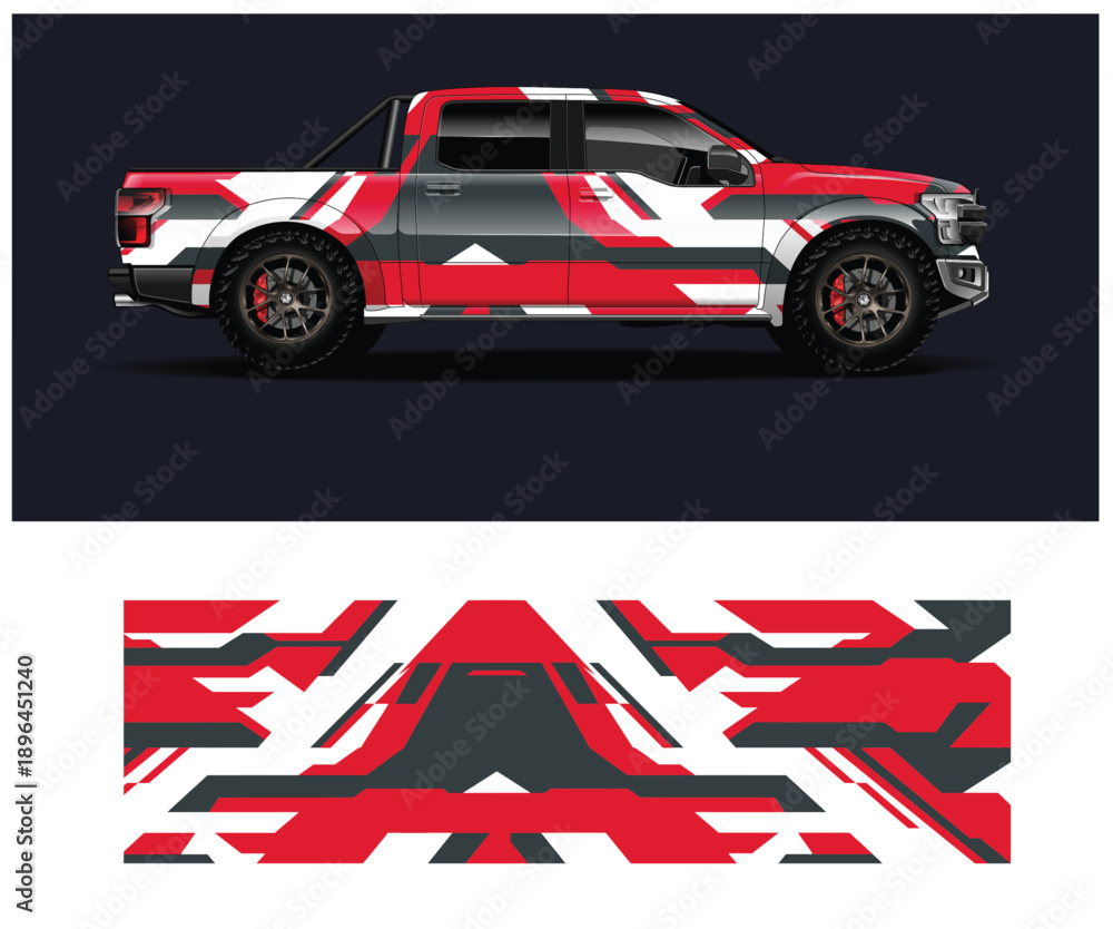 Fototapeta premium Red and white camouflage pickup truck with side design pattern