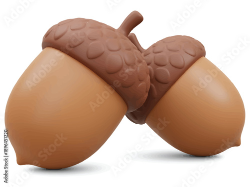 3d rendered pair of brown acorns with caps on a clean surface