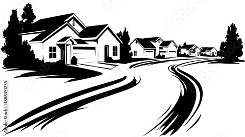 Black and white neighborhood scene. Houses line a curved road with trees in the foreground