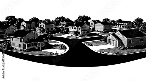 Monochrome illustration of residential neighborhood with various houses and road layout