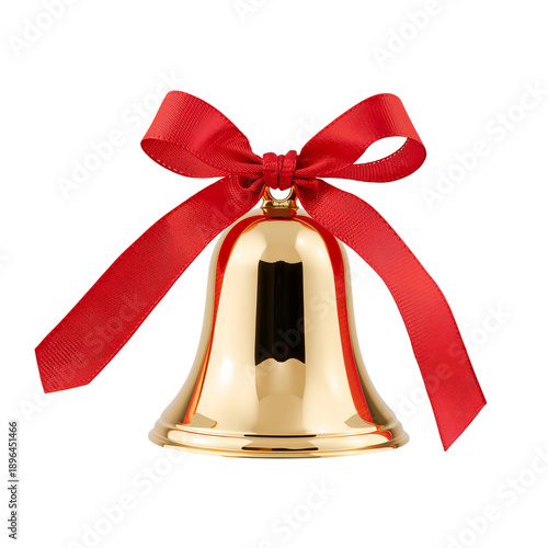Golden Bell With Red Ribbon on Display for a Celebration Event in a Festive S...