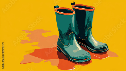 Yellow Rain Boots Standing in Puddle Illustration

