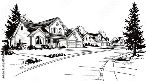 Black and white illustration of suburban homes along a curved street with trees