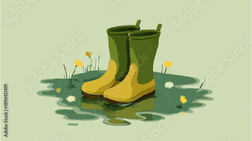 Yellow Rain Boots Standing in Puddle Illustration

