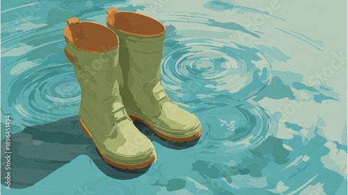 Yellow Rain Boots Standing in Puddle Illustration

