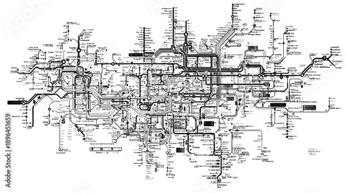 Complex schematic map featuring a network of interconnected lines and stations with multiple labels