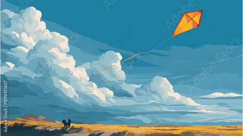 Kite Soaring High Above Clouds in Blue Sky

