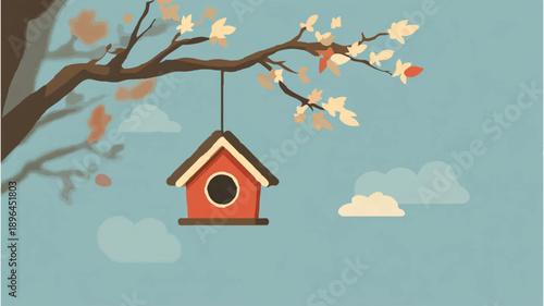 Birdhouse Hanging From Blossoming Tree Branch in Spring


