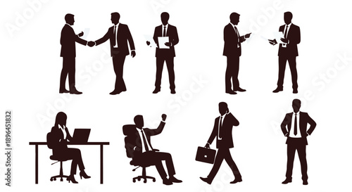 A collection of businessmen in various professional poses and activities