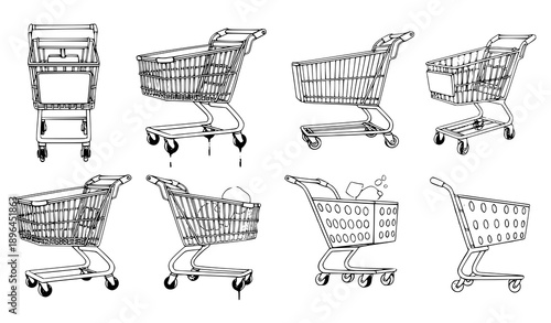 Hand-drawn colorful watercolor shopping cart vector set in multiple perspectives for e-commerce and retail design