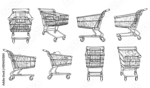 Colorful hand-drawn shopping cart vector collection in watercolor sketch style for online shopping and retail