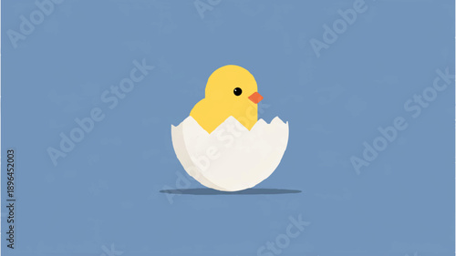 Chick Hatching from Cracked Egg on Blue Background

