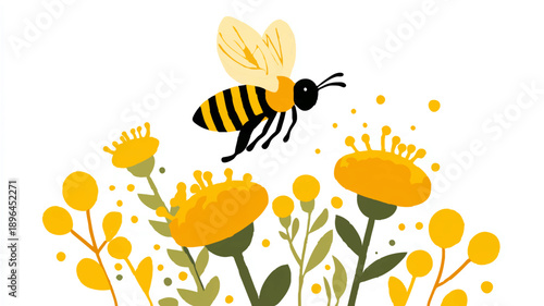 Bee Flying Over Yellow Wildflowers Pollinating in Summer

