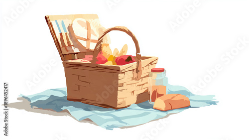 Wicker Basket Displaying Picnic Set on Checkered Blanket

